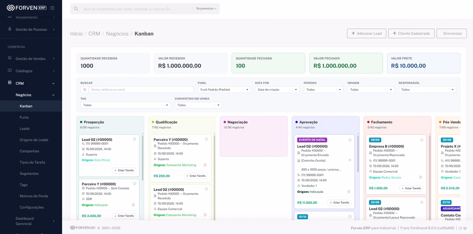 Kanban de negócios do Forven CRM