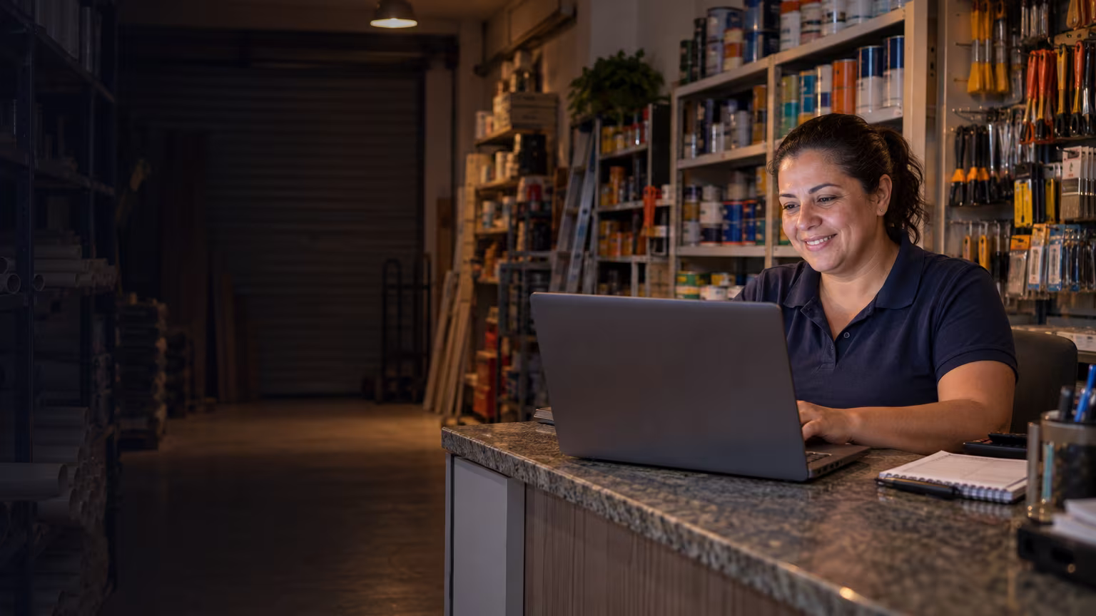 Dona de uma loja de materiais fazendo um pedido no notebook, no balcão, depois do expediente